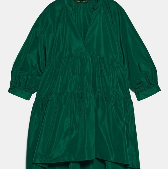 ZARA Green Voluminous Tiered Babydoll Taffetta Mini Dress - Picture 3 of 13